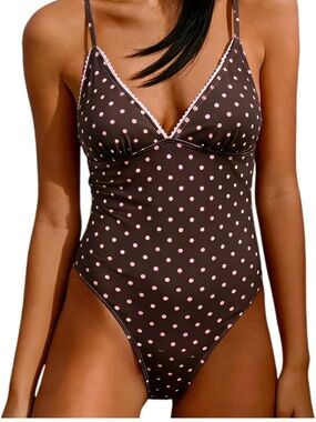 Brown Polka Dot One-Piece Swimsuit with Pink Dots - Women Swim